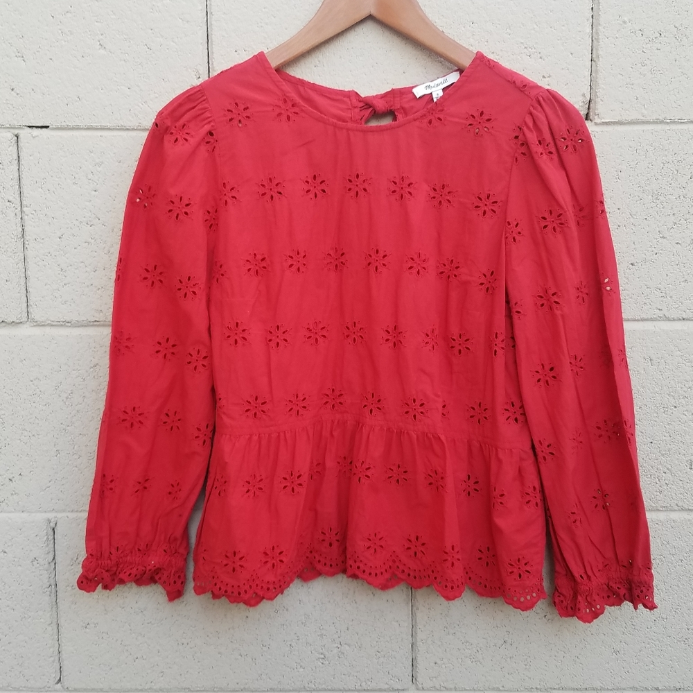 Madewell | Red Eyelet Peplum Blouse Size Small